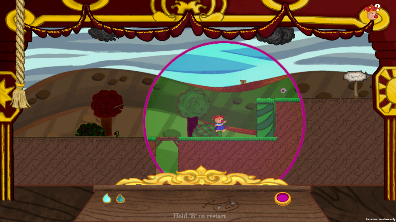 Screenshot von Puppet Tears Gameplay. Eine Puppe läuft über Plattformen die vom Scheinwerferlicht erhellt sind.