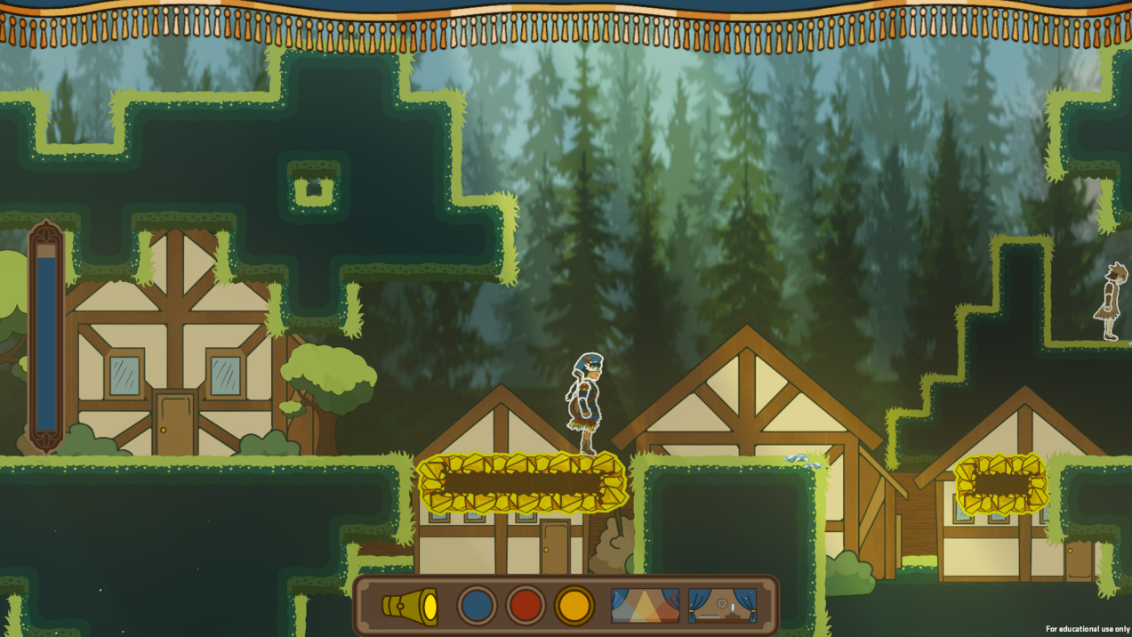 Screenshot von The Ballad of Light Gameplay. Der Hauptcharakter auf grünen Plattformen mit einem Wald und Häusern im Hintergrund.