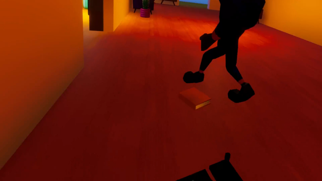 Screenshot von Breaking The Barrier Gameplay aus der Perspektive des im Rollstuhl sitzenden Hauptcharakters. Ein geworfenes Buch liegt auf dem Boden und der Einbrecher geht durchs Bild.